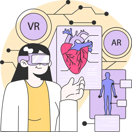 Mujer mostrando informe médico usando vidrio vr  Ilustración