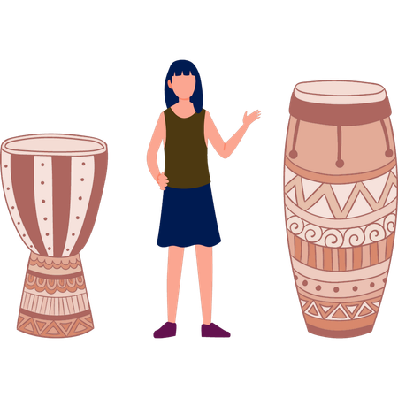 Mujer mostrando instrumento de percusión  Ilustración