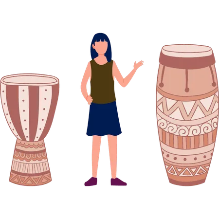 Mujer mostrando instrumento de percusión  Ilustración