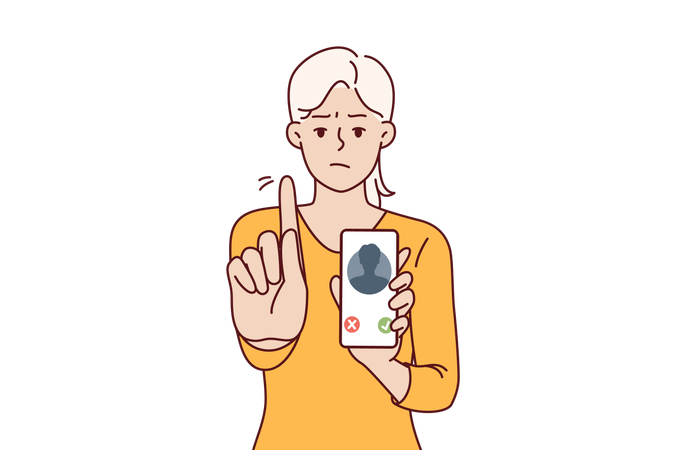 Mujer mostrando llamada de número desconocido  Ilustración
