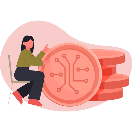 Mujer mostrando red de monedas  Ilustración