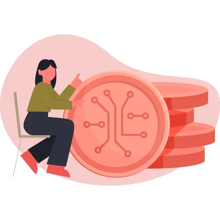 Mujer mostrando red de monedas  Ilustración