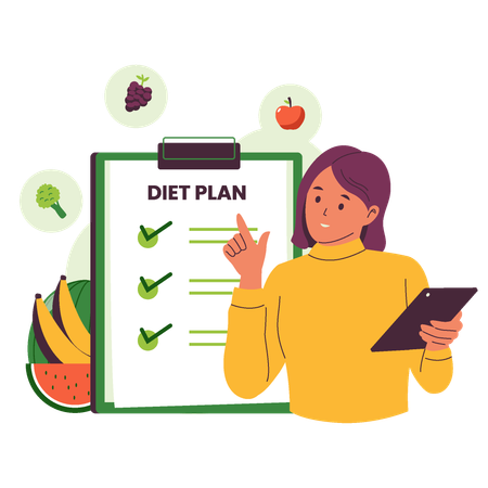 Mujer mostrando plan de dieta con alimentos saludables  Ilustración