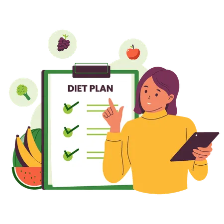 Mujer mostrando plan de dieta con alimentos saludables  Ilustración