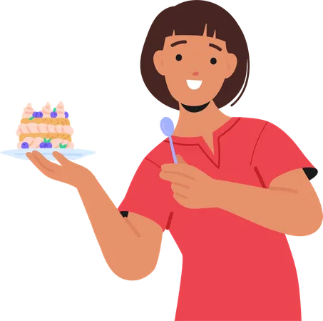 Mujer mostrando postre casero  Ilustración