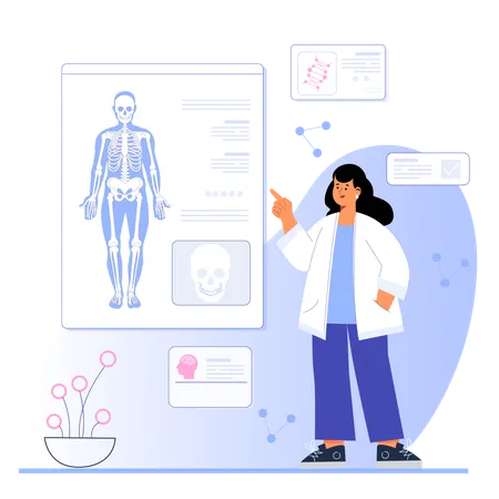 Mujer mostrando informe de radiografía humana  Ilustración