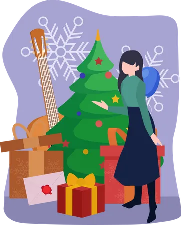 Mujer mostrando regalos de navidad  Ilustración