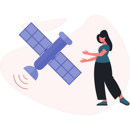 Mujer mostrando satélites espaciales  Ilustración