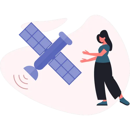 Mujer mostrando satélites espaciales  Ilustración