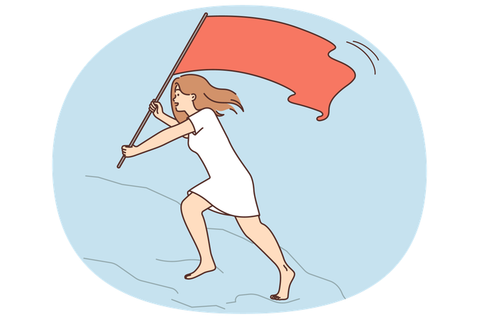 Una mujer motivada con una bandera roja alcanza la cima de la montaña  Ilustración