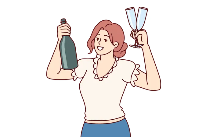 Mujer muestra una botella de champán y copas de vino sugiriendo la fiesta del viernes por la noche  Ilustración