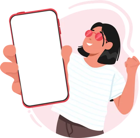 Mujer muestra pantalla de teléfono inteligente vacía y gesto de sí  Ilustración