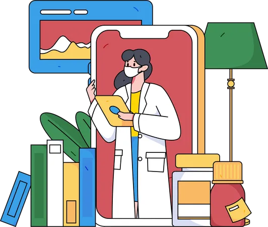 Mujer femenina haciendo investigación médica.  Ilustración