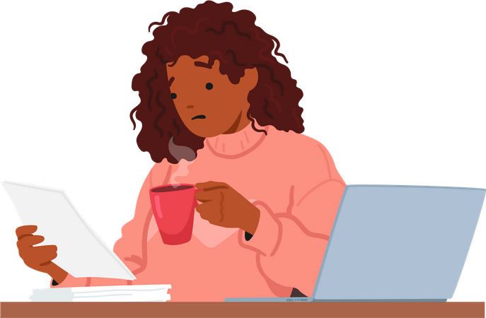 Mujer multitarea lee papel y bebe café en el escritorio  Ilustración