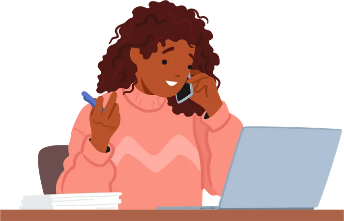 Mujer multitarea trabajando en una computadora portátil y haciendo una llamada telefónica  Ilustración