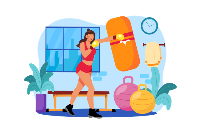 Mujer musculosa fuerte boxeo en el gimnasio  Ilustración