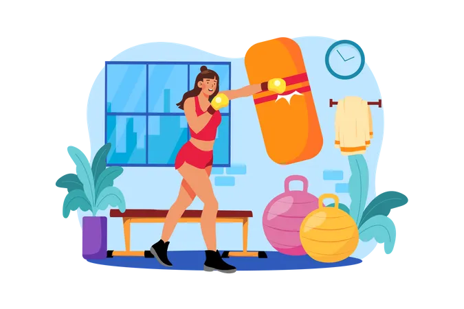 Mujer musculosa fuerte boxeo en el gimnasio  Ilustración