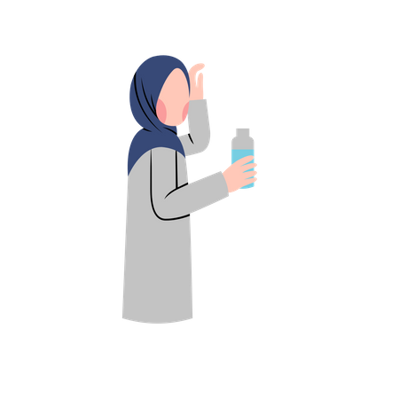 Mujer musulmana bebiendo agua de una botella de agua  Ilustración