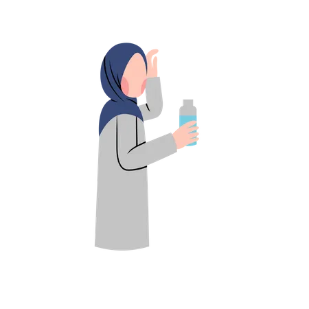 Mujer musulmana bebiendo agua de una botella de agua  Ilustración