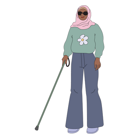 Mujer musulmana ciega caminando con ayuda de un bastón  Ilustración