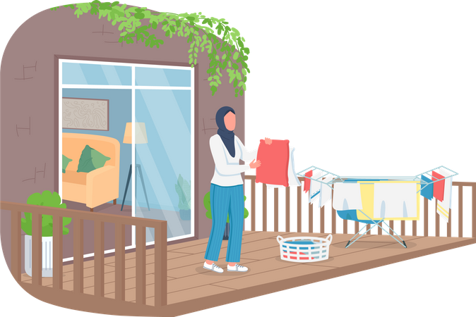 Mujer musulmana colgando ropa afuera  Ilustración