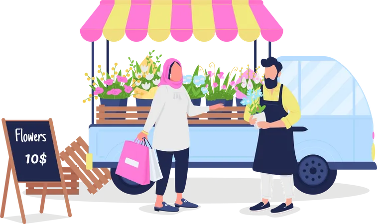 Mujer musulmana comprando flores a un hombre caucásico  Ilustración