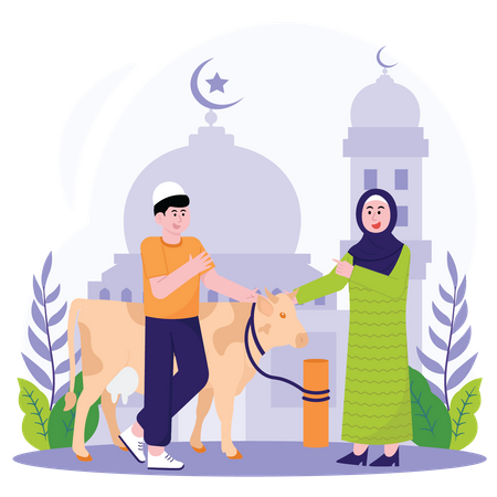 Mujer musulmana comprando una vaca para Eid Al Adha  Ilustración