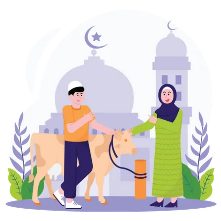 Mujer musulmana comprando una vaca para Eid Al Adha  Ilustración