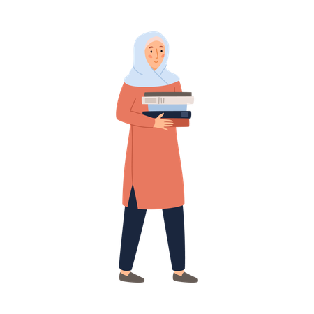 Mujer musulmana con hijab camina con una pila de libros para estudiar  Ilustración