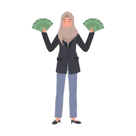 Mujer musulmana en Hijab sosteniendo un abanico de dinero en ambas manos  Ilustración