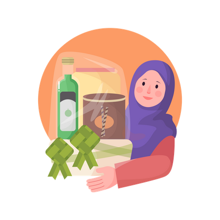 Mujer musulmana con ketupat  Ilustración