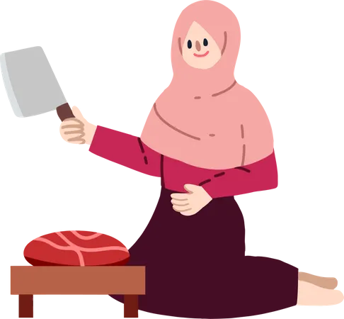 Mujer musulmana cortando carne  Ilustración