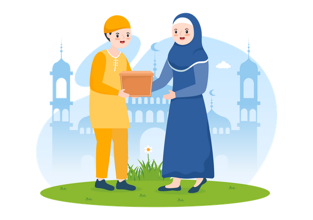 Mujer musulmana dando limosna al hombre  Ilustración
