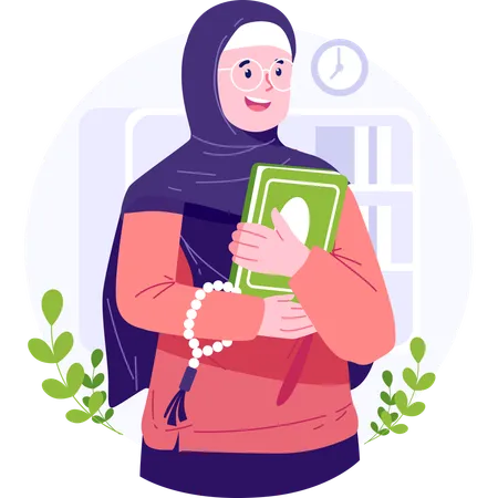 Mujer musulmana de pie con el Corán en la mano  Ilustración