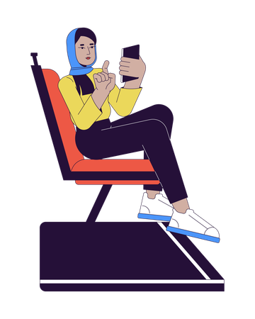 Mujer musulmana desplazando el teléfono en transporte público  Ilustración