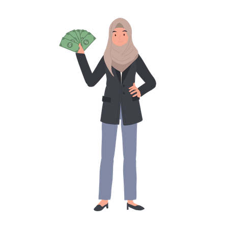 Mujer musulmana en Hijab sosteniendo abanico de dinero  Ilustración