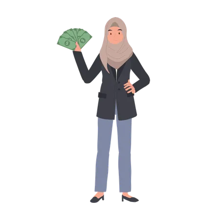 Mujer musulmana en Hijab sosteniendo abanico de dinero  Ilustración