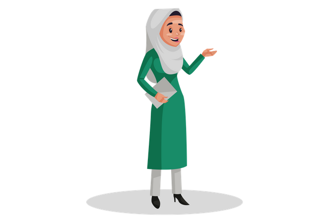 La mujer musulmana está parada y sosteniendo papel en la mano  Ilustración