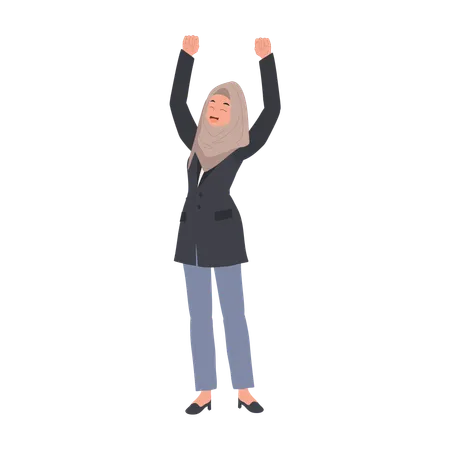 Feliz mujer musulmana levantando la mano en alegre celebración del éxito empresarial  Ilustración
