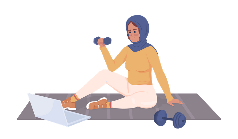 Mujer musulmana haciendo ejercicios usando laptop  Ilustración