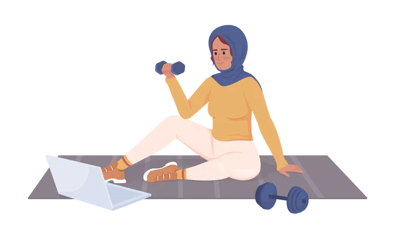 Mujer musulmana haciendo ejercicios usando laptop  Ilustración