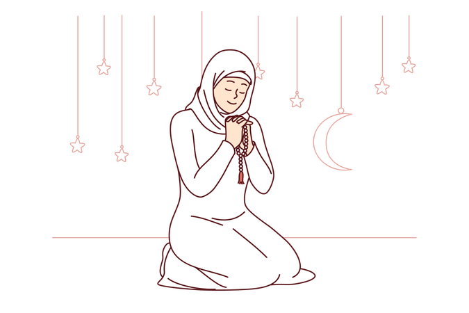 Mujer musulmana honra el mes sagrado del Ramadán leyendo la oración sentada de rodillas vistiendo ropa islámica  Ilustración