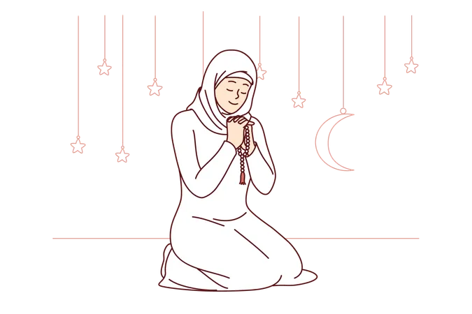 Mujer musulmana honra el mes sagrado del Ramadán leyendo la oración sentada de rodillas vistiendo ropa islámica  Ilustración