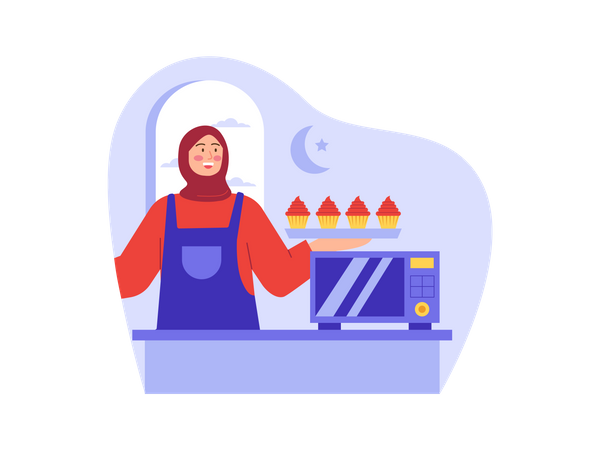 Mujer musulmana horneando galletas  Ilustración