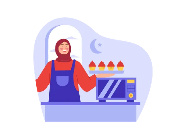 Mujer musulmana horneando galletas  Ilustración