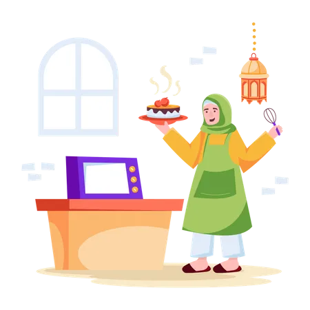 Mujer musulmana horneando pastel  Ilustración