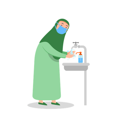 Mujer musulmana lavándose las manos  Ilustración