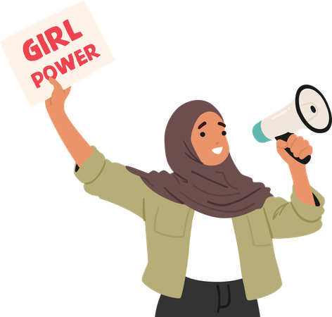 Una mujer musulmana levanta un cartel que dice "Girl Power" mientras habla por un megáfono  Ilustración