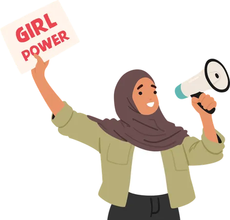 Una mujer musulmana levanta un cartel que dice "Girl Power" mientras habla por un megáfono  Ilustración