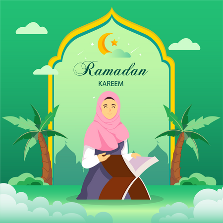 Mujer musulmana leyendo el corán  Ilustración